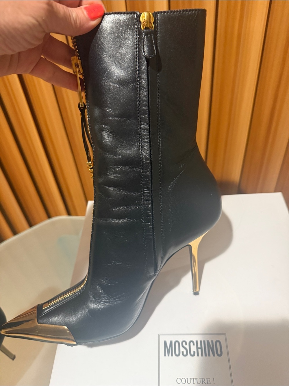 Moschino Black Leather Pointed Toe Mid-Calf Boots with Gold Accents - Picture 9 of 12
